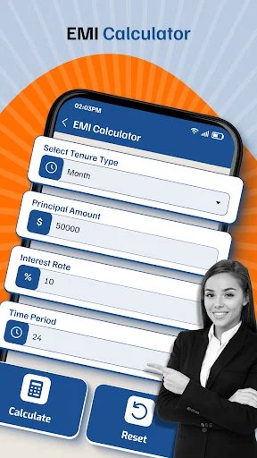EMI Calculator input form with fields for principal amount, interest rate, tenure, and Calculate/Reset buttons for loan EMI computation