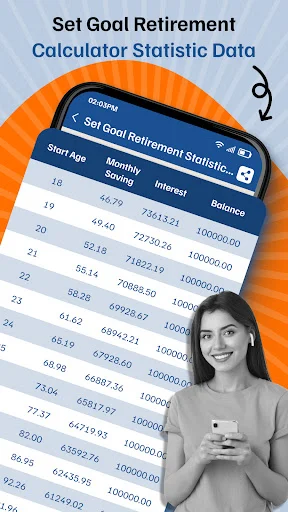 Retirement Goal Calculator statistics table displaying age-based savings, monthly savings, interest earned, and accumulated balance data