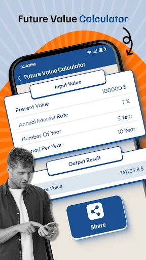 Future Value Calculator form with 100000 input value, 7% present value, 5% annual interest rate, 10 year period, and 1417.35 result