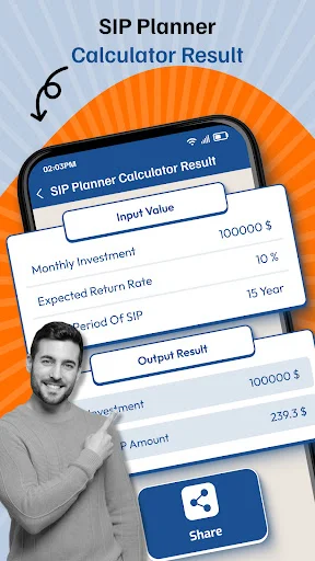 SIP Planner Calculator result screen showing monthly investment amount, expected return rate, total investment value, and projected returns