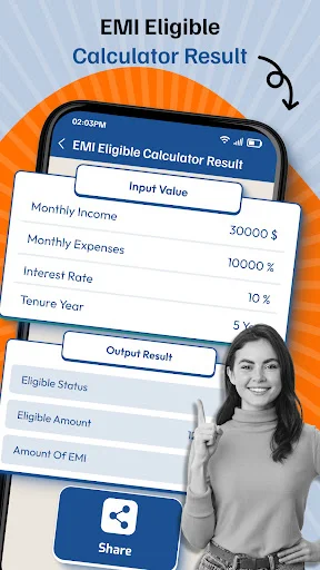 EMI Eligible Calculator result screen showing monthly income, expenses, interest rate, and determined loan eligibility status and amount