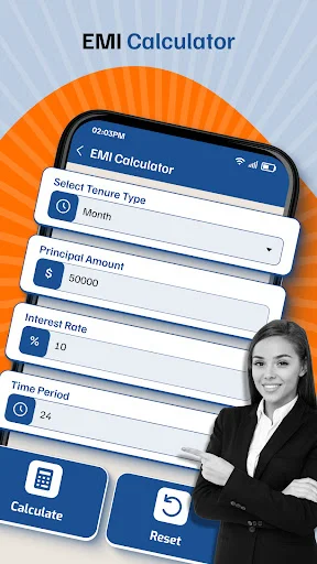 EMI Calculator input form with tenure type, principal amount 50000, interest rate 10%, time period 24 months, and Calculate button