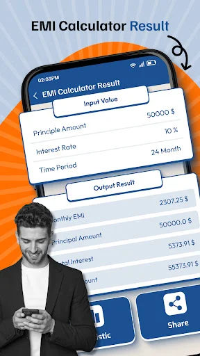 EMI Calculator result displaying 2307.25 monthly EMI, principal 50000, total interest breakdown, and detailed payment information with Share