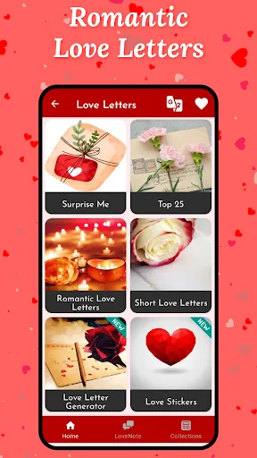 Romantic Love Letters app menu grid showing multiple letter options and Love Stickers feature on red background theme