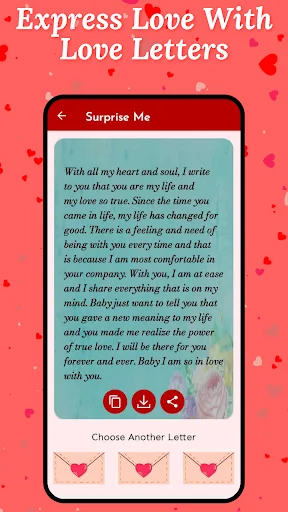 Love Letters on mobile displaying romantic text content with gradient background and copy, download, share buttons