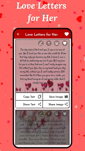 Personalized Love Letters for Her feature with romantic message and functionality to copy text or save as image