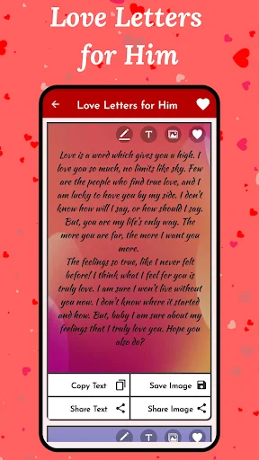 Love Letters for Him on mobile app showing romantic text with customization tools and share options for boyfriends