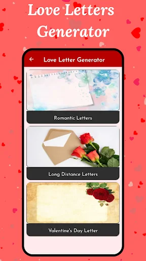 Love Letters Generator menu displaying category options for Romantic, Long Distance, and Valentine's Day letter templates