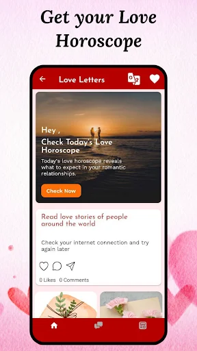 Mobile app interface showing Get Your Love Horoscope feature with romantic insights and daily horoscope readings