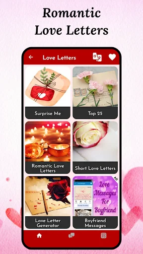 Romantic Love Letters app menu displaying letter categories including Surprise Me, Top 25, and Love Letter Generator options