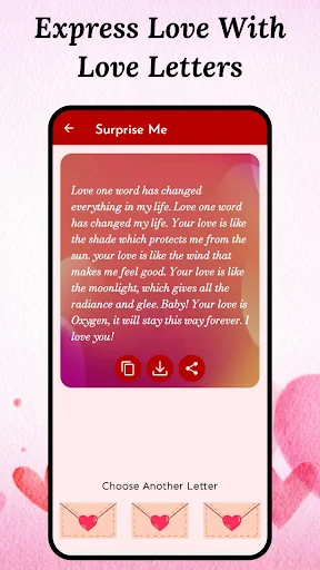Mobile phone displaying romantic love letter text on gradient background with copy, save, and share functionality buttons