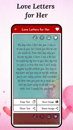 Love Letters for Her feature showing personalized romantic letter with copy text, save image, and share options for expressing feelings