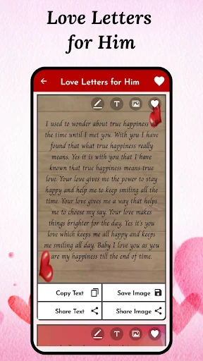 Love Letters for Him feature displaying heartfelt romantic message with text copy, image save, and sharing options for boyfriends