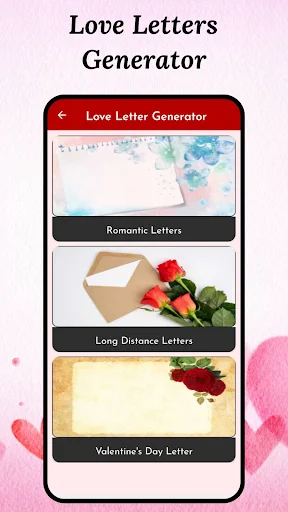 Love Letters Generator app screen showing letter category options: Romantic Letters, Long Distance Letters, and Valentine's Day Letter