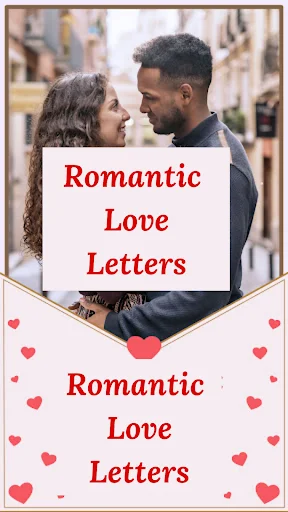 Romantic couple on outdoor background with Romantic Love Letters text and heart decoration design elements