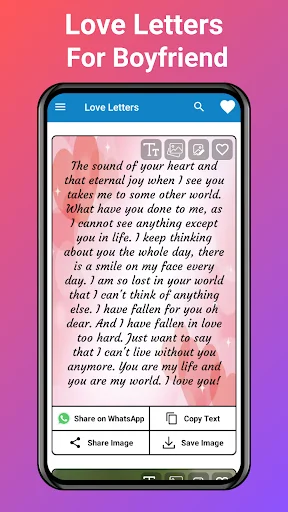 Love Letters feature with lengthy romantic message on pink background and social sharing options below