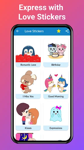 Love Stickers library showing cartoon sticker sets for romantic occasions like I Miss You and kisses
