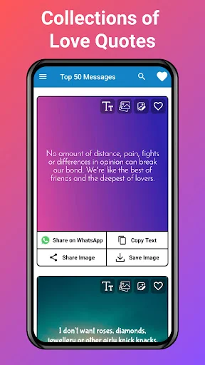 Love Quotes collection featuring gradient quote backgrounds with WhatsApp sharing and text copy buttons