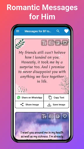 Romantic love message cards with decorative elements and multiple sharing options for boyfriend messages