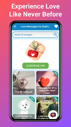App home screen with love message categories including Top 50 Messages, cute names, and surprise features for boyfriends