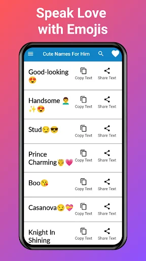 Cute names list with emojis showing romantic nicknames like Prince Charming and Handsome with copy and share buttons