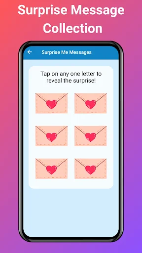 Surprise message envelopes feature with heart icons - tap to reveal hidden romantic messages for your boyfriend