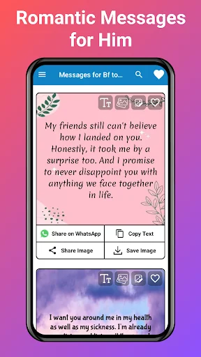 Romantic messages screen showing love quotes with decorative elements and social sharing options for boyfriends