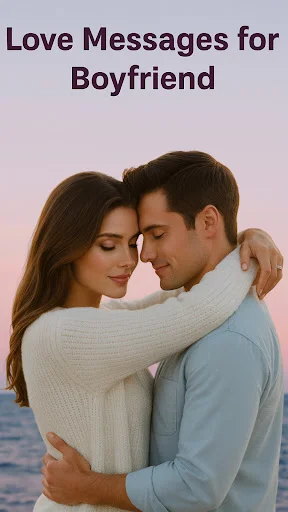 Love Messages for Boyfriend app launch screen with couple in romantic embrace against pink sunset sky