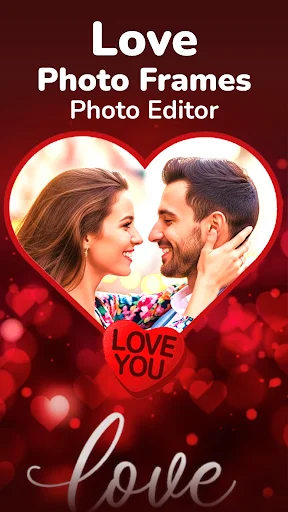 Love Photo Frames Photo Editor app home screen with couple in heart-shaped frame on romantic red background