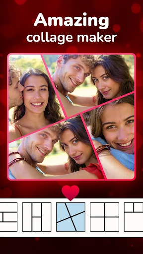 Amazing collage maker feature showing couple photos in multiple grid layouts with pink frame templates