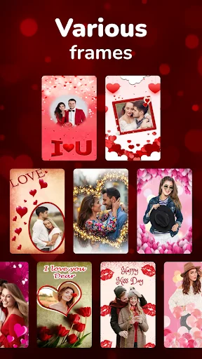 Various romantic photo frames gallery displaying love-themed templates with hearts, roses, and I Love You designs