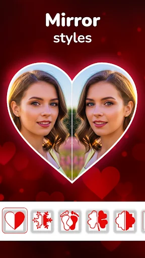 Mirror styles feature showing portrait mirrored in heart shape with different split mirror effect options