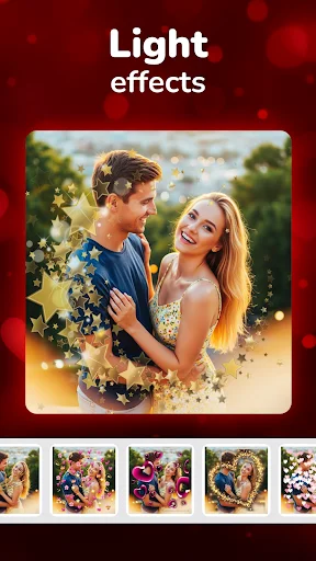 Light effects photo editor with couple image enhanced by sparkling glitter overlay and effect previews