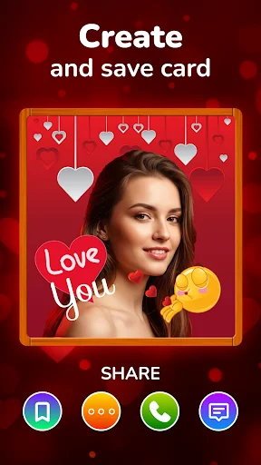 Create and save greeting card screen with photo in romantic frame, Love You text, and share buttons