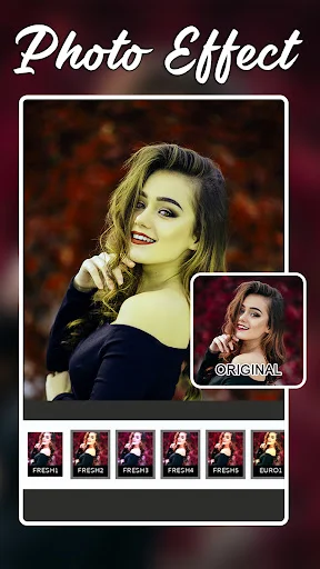 Photo Effect editor showing portrait with color filters including Fresh and Euro preset options