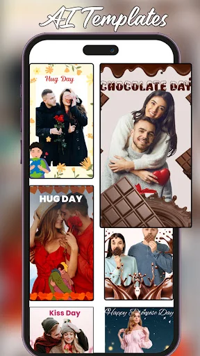 AI Templates gallery featuring Hug Day, Chocolate Day, Kiss Day, and Friendship Day themed photo layouts
