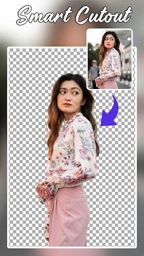 Smart Cutout background remover tool demonstrating automatic person extraction with transparent background