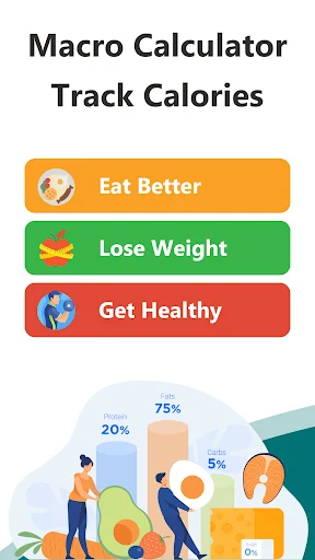 Macro Calculator home screen featuring Eat Better, Lose Weight, and Get Healthy goal options with nutrition chart illustration
