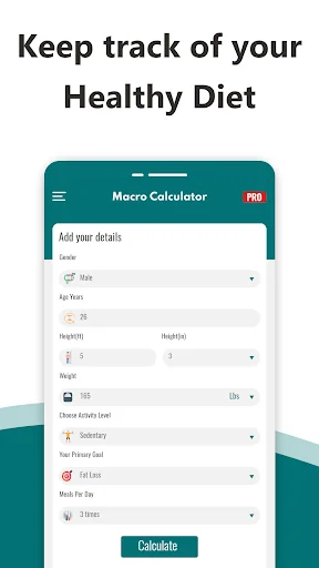 Macro Calculator form to enter personal details and health metrics for daily macro and calorie tracking
