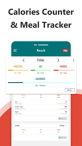 Daily meal tracker showing consumed food items with protein, fat, carbs macro breakdown and total calorie count