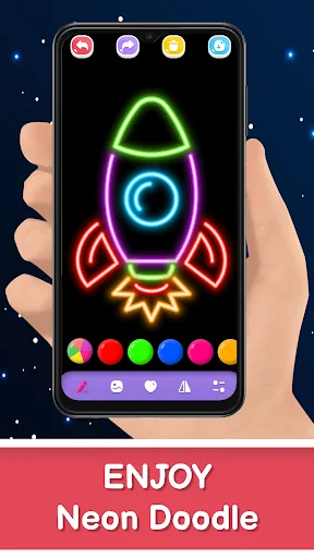 Magic Doodle Art app showing colorful neon rocket drawing with rainbow color palette and drawing tools