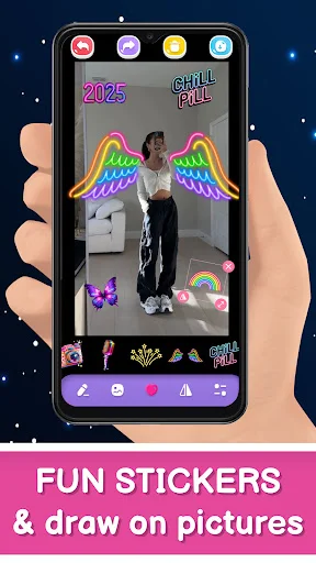 Rainbow wings photo overlay in Magic Doodle Art showing sticker features and creative photo editing