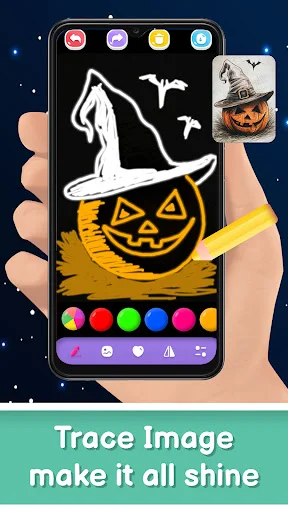 Halloween jack-o'-lantern tracing in Magic Doodle Art with spooky templates and neon drawing tools