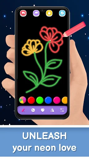 Neon flower doodle creation in Magic Doodle Art with stem drawing and vibrant glow effects