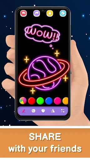Space planet art with text bubble in Magic Doodle Art showing creative drawing and social sharing
