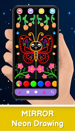 Neon butterfly artwork with flowers in Magic Doodle Art app featuring vibrant glow effects and color options
