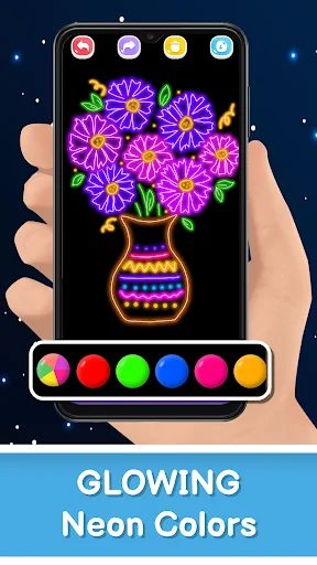 Purple neon flower bouquet in decorated vase created with Magic Doodle Art's glowing color drawing tools