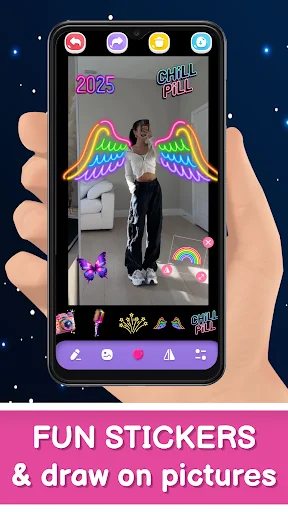 Photo editing with rainbow angel wings stickers in Magic Doodle Art app showing fun overlay effects