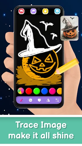 Halloween pumpkin tracing feature in Magic Doodle Art with witch hat template and neon glow effects
