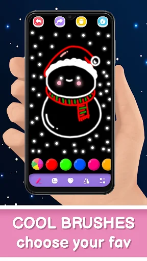 Cute snowman drawing with Santa hat in Magic Doodle Art app showing winter theme and brush options